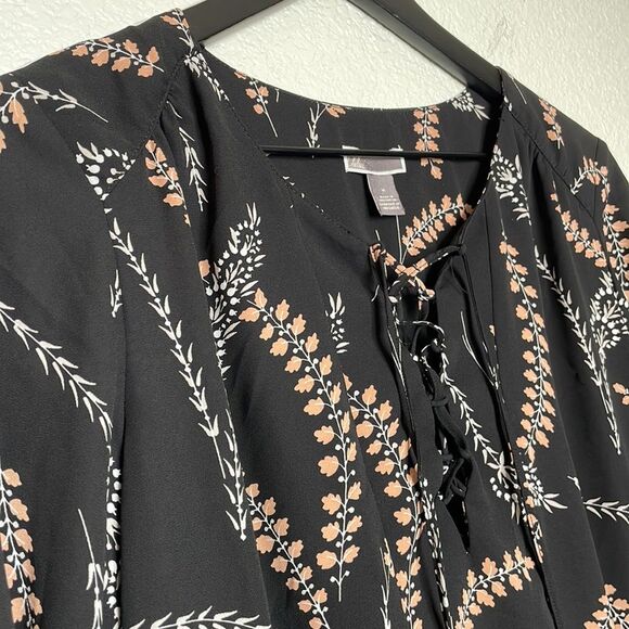 Chelsea28 Black Foral Drop Waist Bel Sleeve Dress Size M - Picture 3 of 9